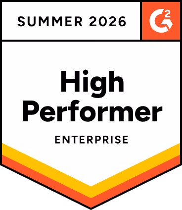 G2-Abzeichen „Sommer 2026“ für „High Performer“ in der Kategorie „Enterprise“ mit roten und gelben Streifen.