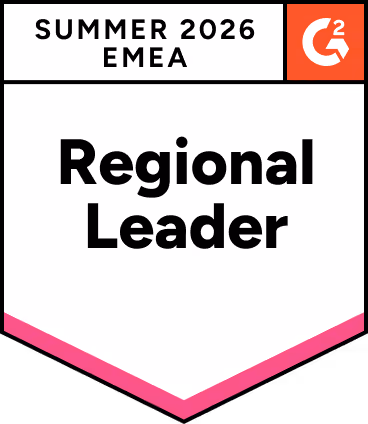 Auf dem Namensschild steht „Summer 2026 EMEA Regional Leader“ mit dem G2-Logo in der oberen rechten Ecke.