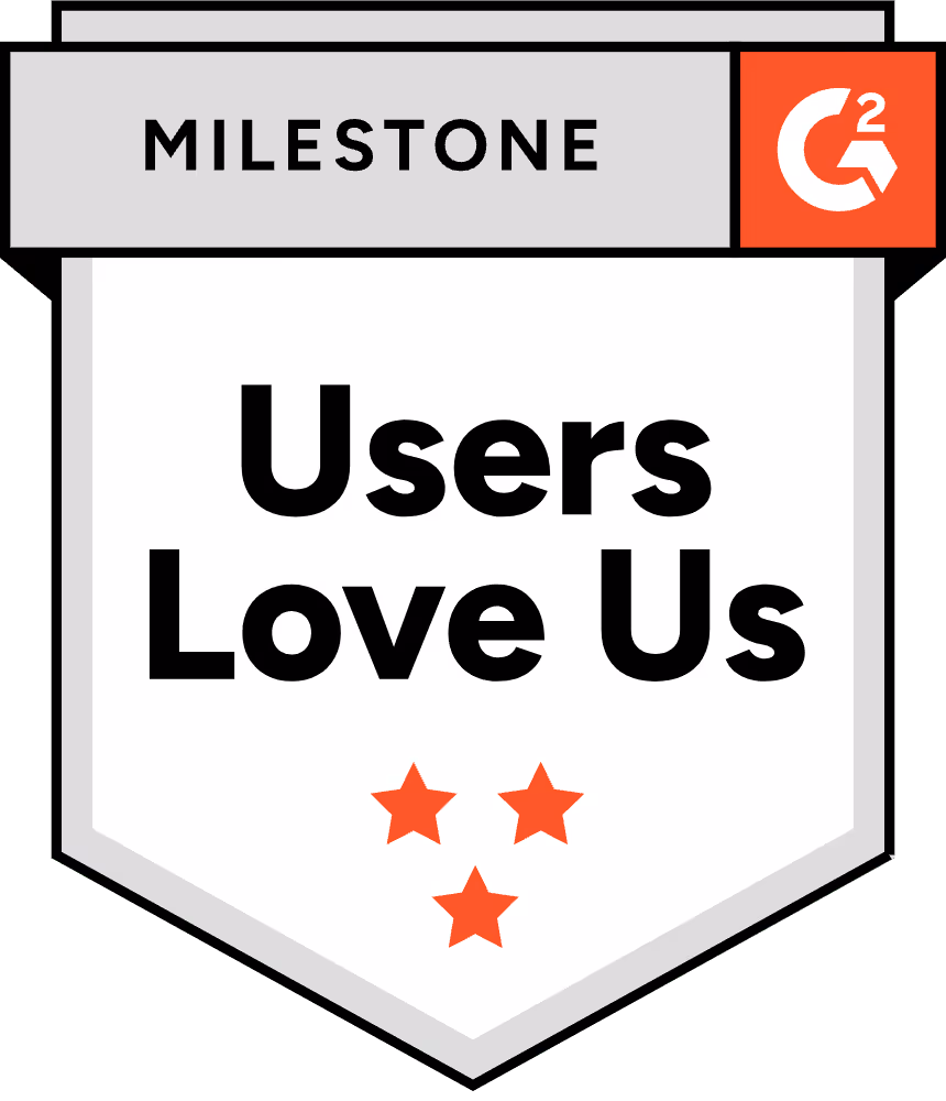 Meilenstein-Abzeichen mit G2-Logo und der Aufschrift „Users Love Us“ sowie drei roten Sternen.