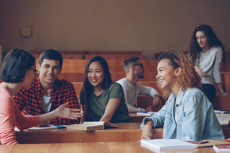 Students talking in a lecture hall