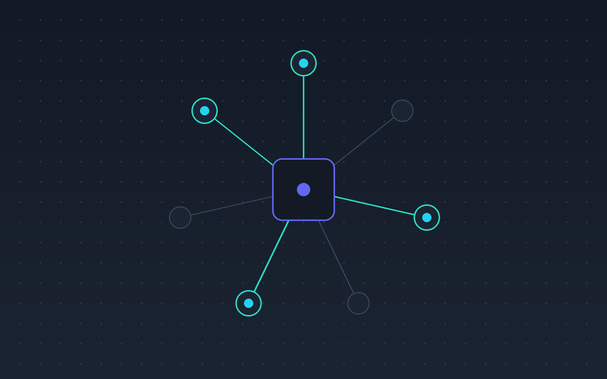 Abstract hub-and-spoke diagram of a central node connected to external tools
