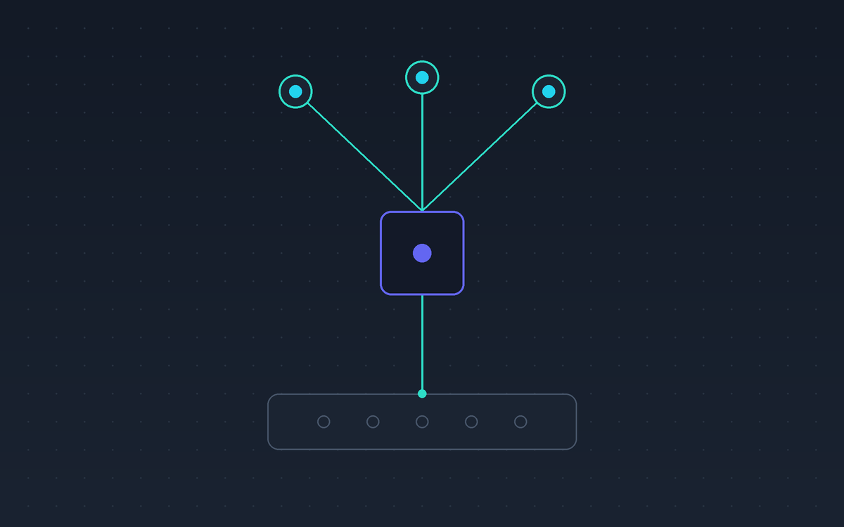 Abstract diagram of several chat nodes routing through a single adapter into an existing API