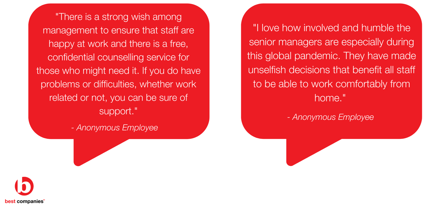 Anonymous comments from employees, a feeling of strong management, free confidential counselling available, support for any problems or difficulties and a love for how involved and humble senior managers are during the pandemic.
