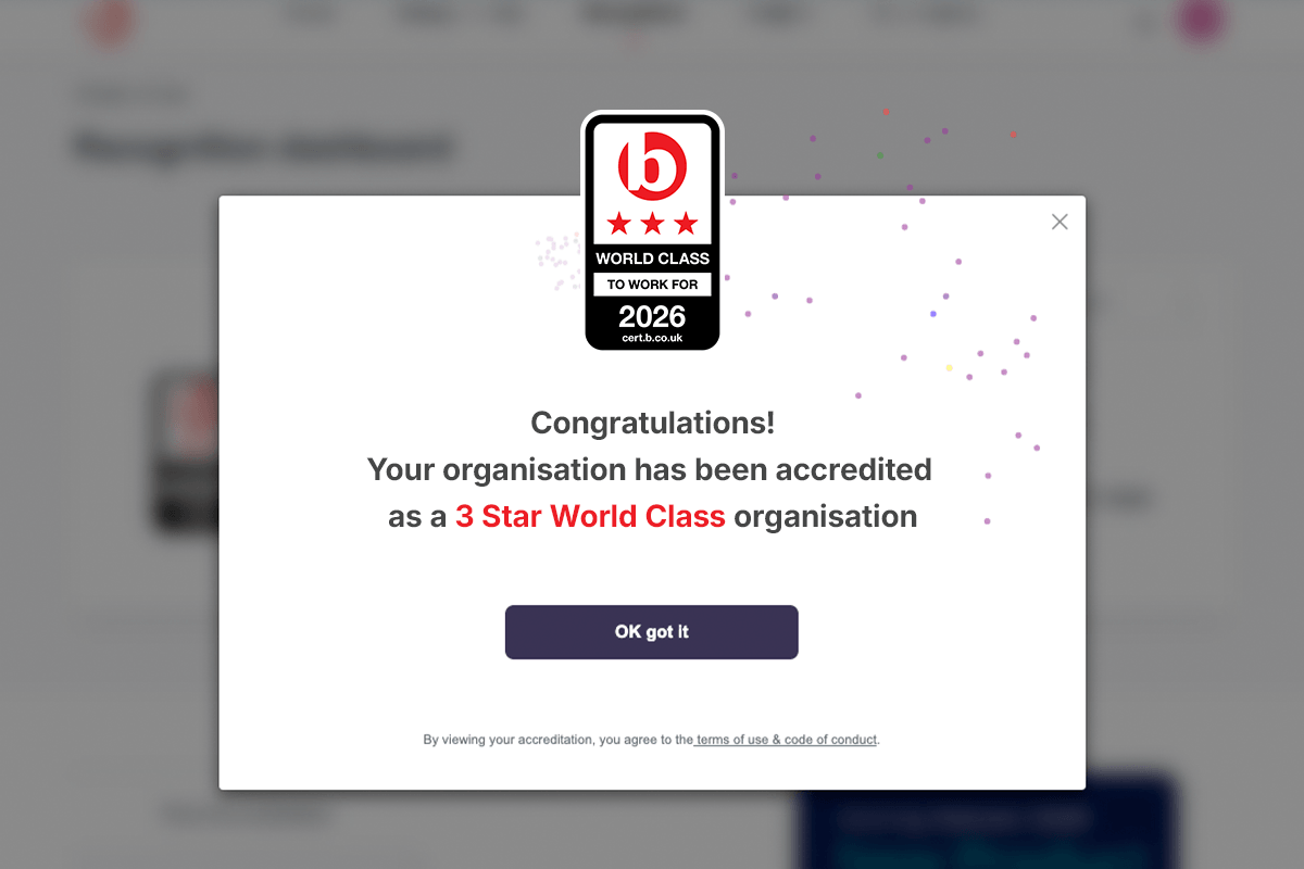 Certification popup showing 3 Star World Class Best Companies' accreditation.