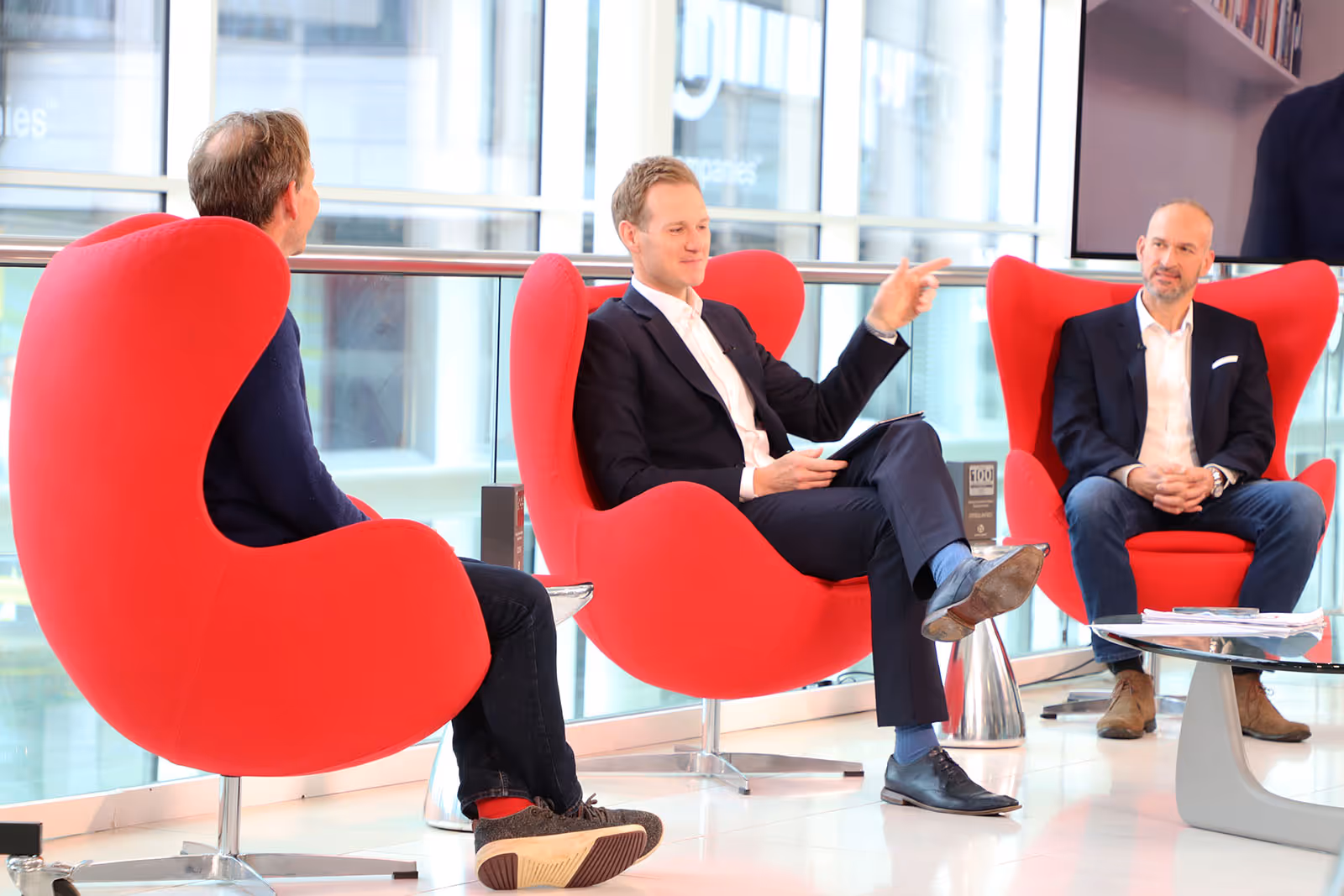TV Presenter Dan Walker talking to special Guests Toby Pearson of DTSquared and Edward Perry CEO of COOK Trading