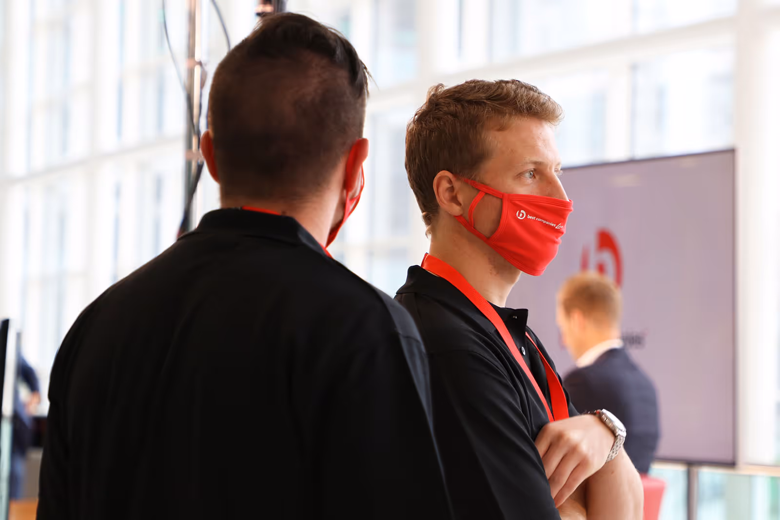 Two members of the Best Companies Live event team on set at Media City UK