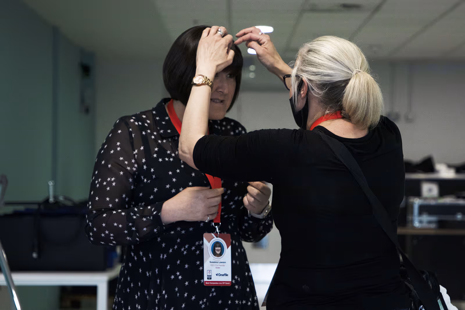 CEO and co-founder of Onefile Susanna Lawson on receiving hair and makeup touchups on the set of Best Companies Live