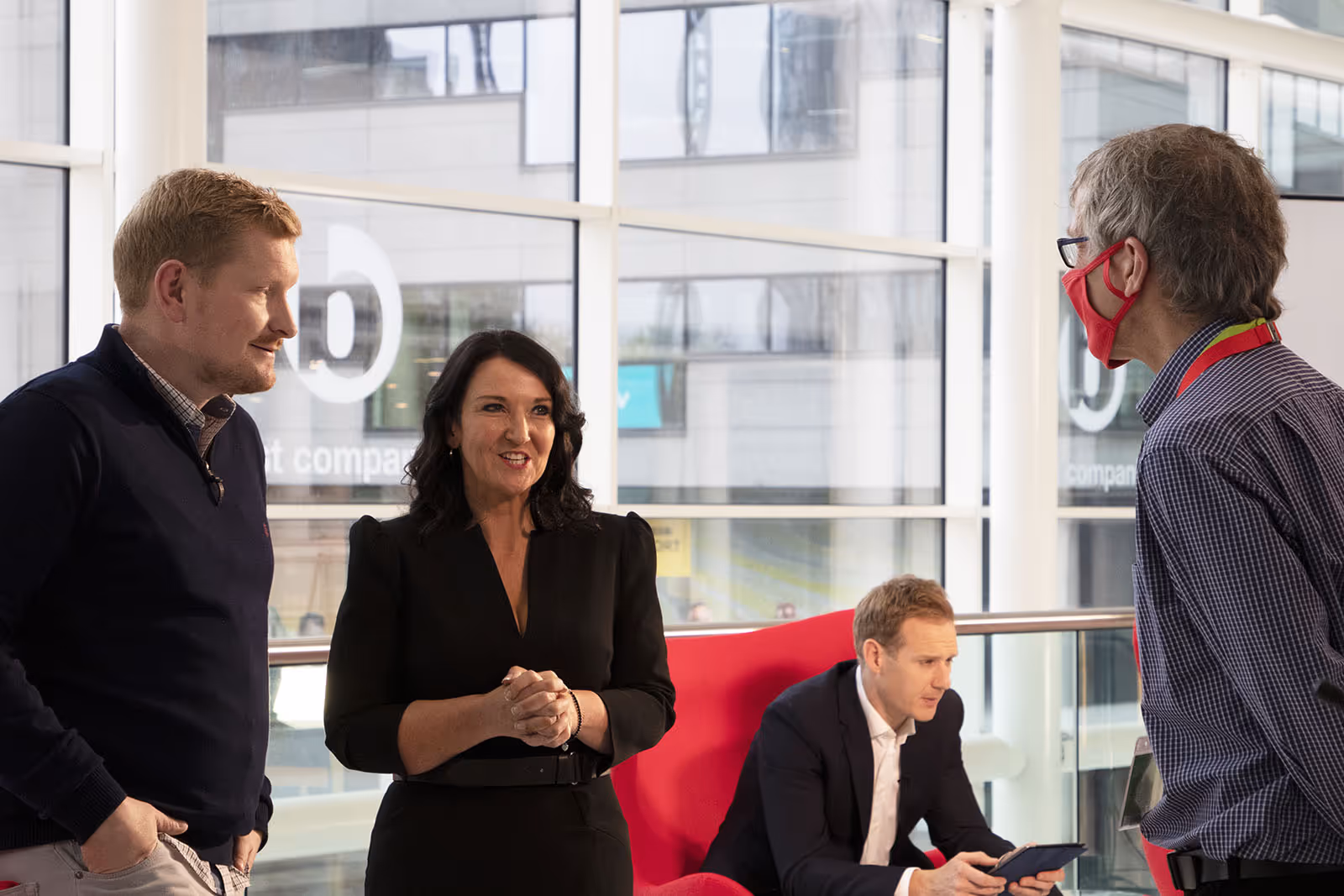 The Hut Groups Group People Director Richard Nolan with the Head of People at Hickory's Smokehouse Racheal Woodcock, TV Presenter Dan Walker and a member of the Best Companies Live Team