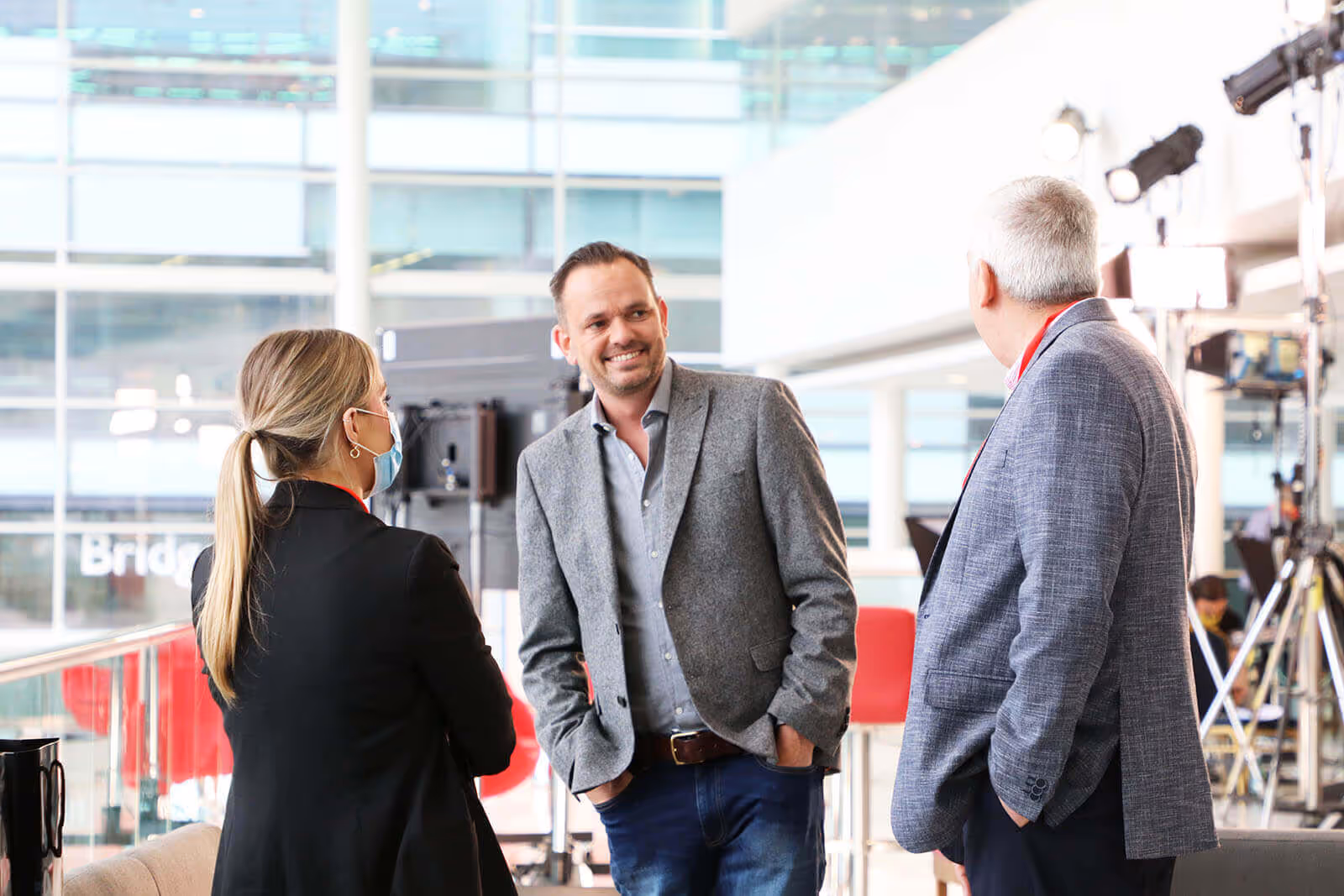 CEO of Inzpire Hugh Griffiths and CEO of Cloud Thing Jay Neale with a member of the event staff behind the scenes at Best Companies Live