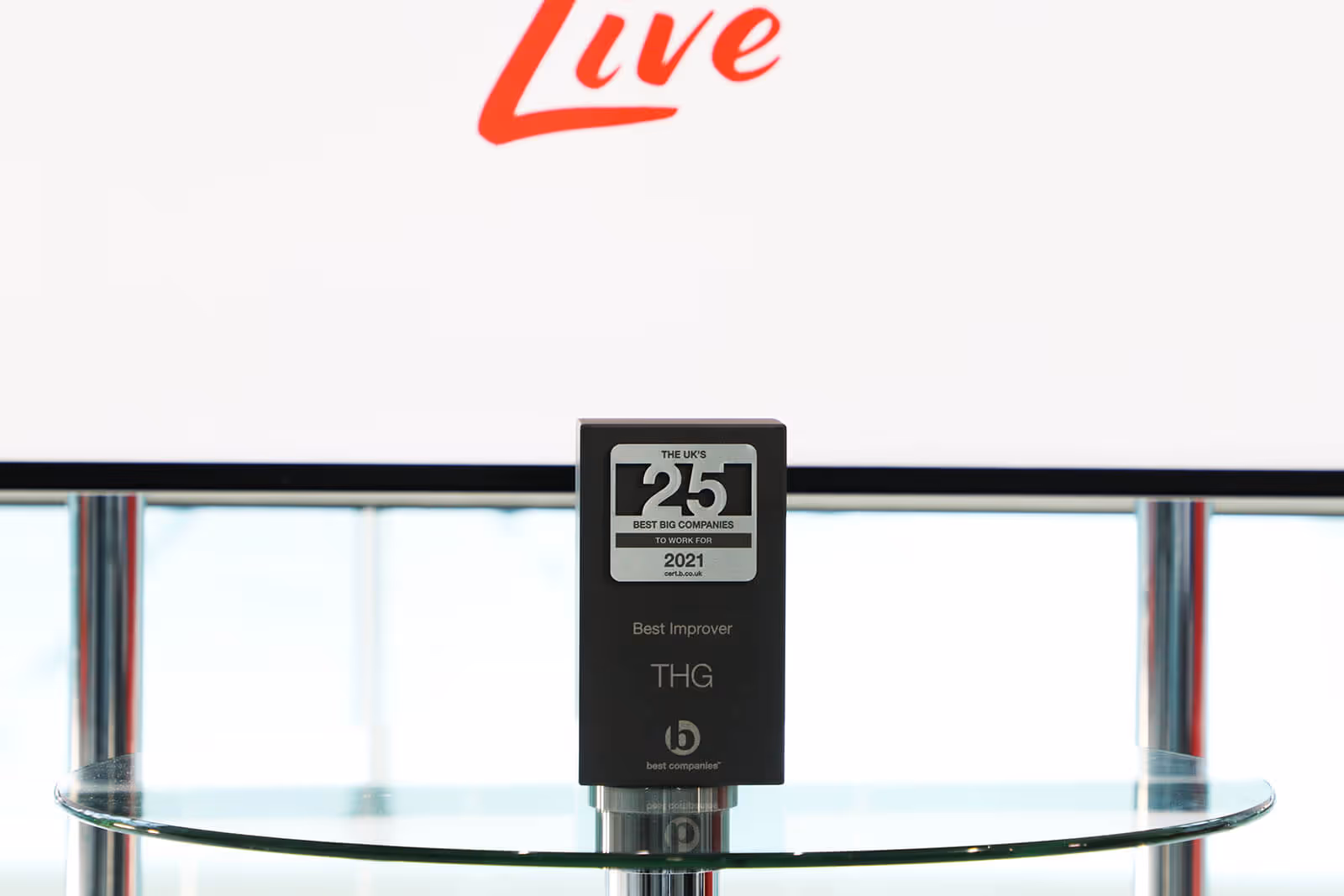 The UK's 25 Best Big Companies to Work For 2021 Best Improver Special Award for THG - The Hut Group on the set of  Best Companies Live