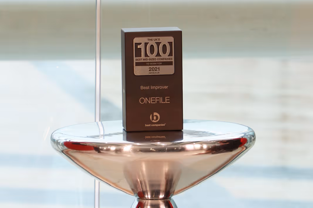 The UK's 100 Best Mid-sized companies to Work for 2021 Best Improver Award for Onefile on the set of Best Companies Live