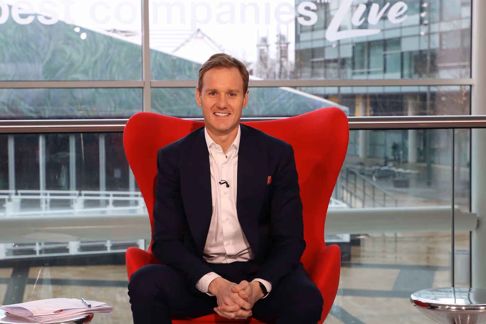 Presenter Dan Walker on the set of Best Companies Live at Media City UK
