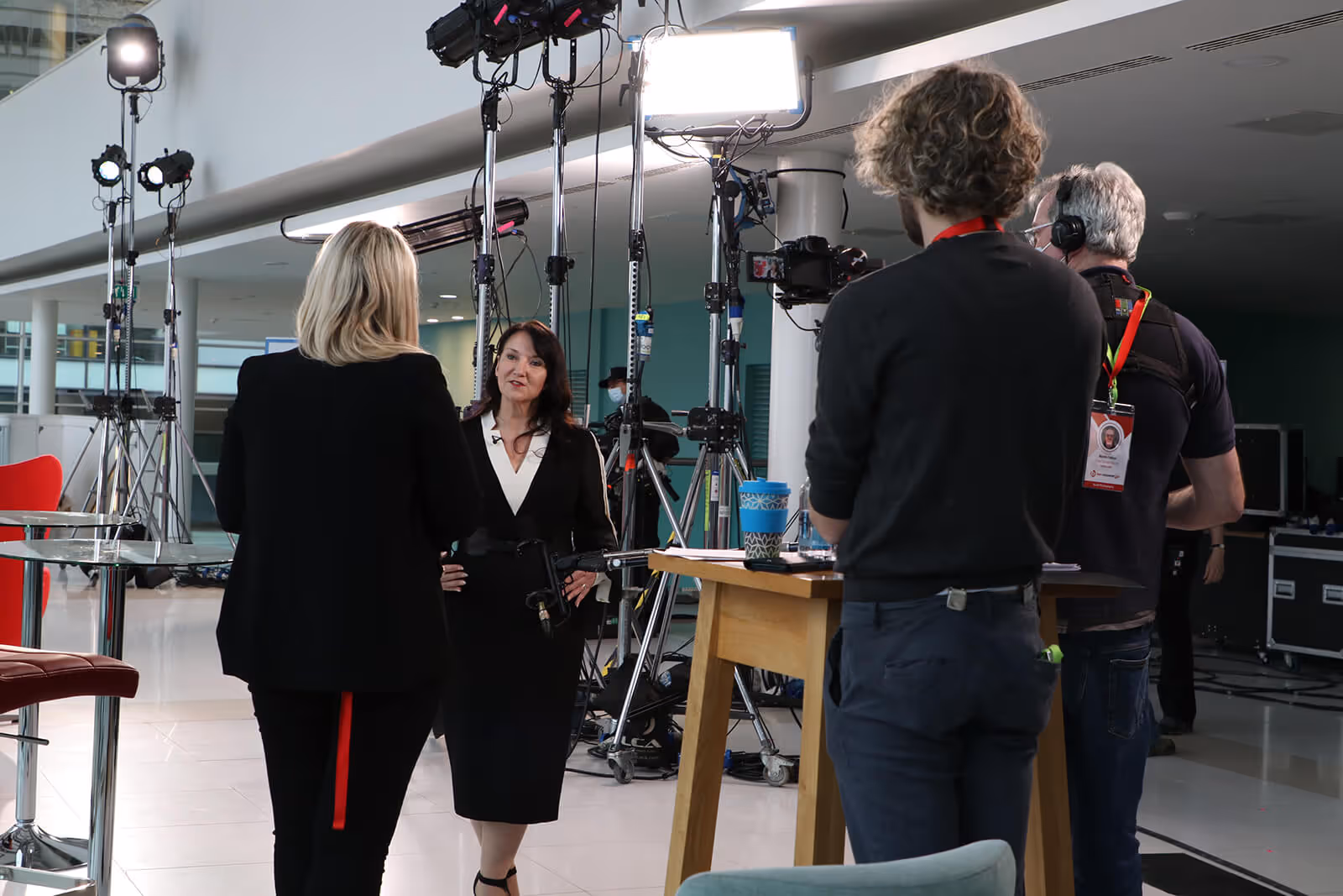 Rachel Woodcock of Hickory's Smokehouse being interviewed backstage at Best Companies Live