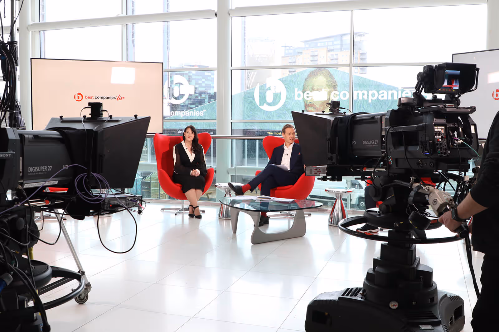 Hickory's Smokehouse Head of People Rachel Woodcock, with Dan Walker onset at Best Companies Live