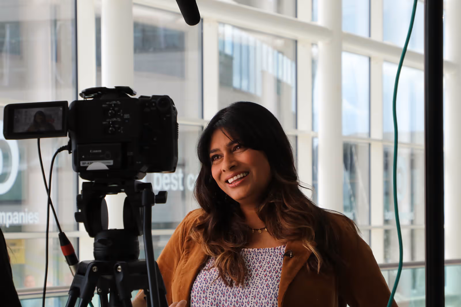 Mowgli Street Food's founder and CEO Nisha Katona on set at Best Companies Live