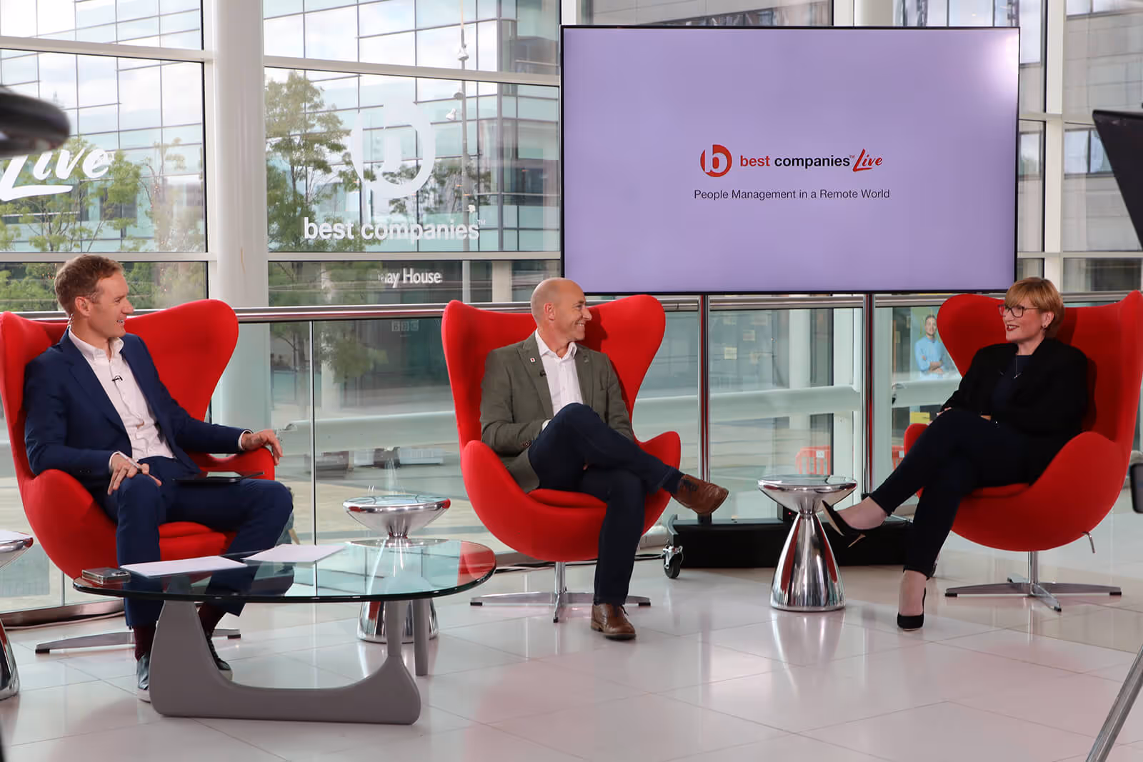 Guests discuss Host Dan Walker and UK Coaching's CEO Mark Gannon during Best Companies Live People Management in a Remote World at Best Companies Live