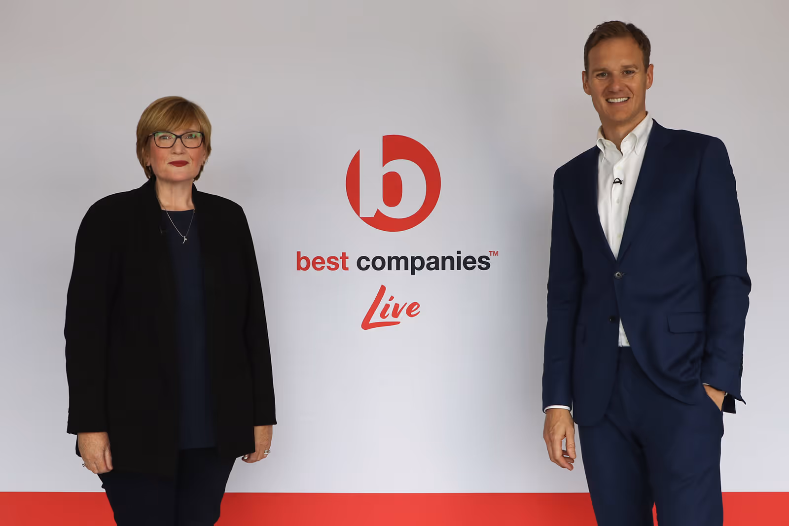 AJ Bell Jo James with Best Companies Live host Dan Walker