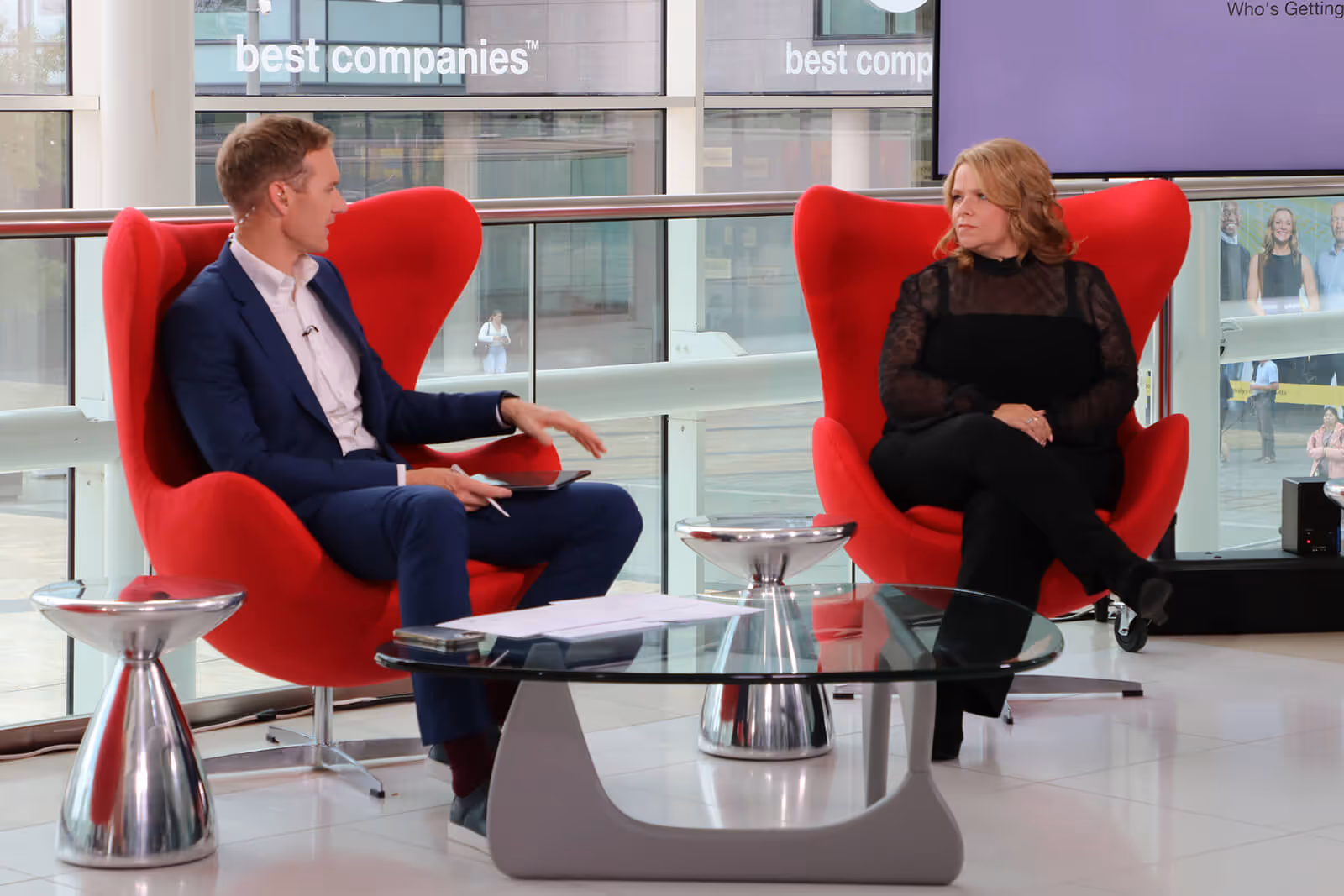 Host Dan Walker and Vindis Group HR Director Victoria Stubbs at Best Companies Live