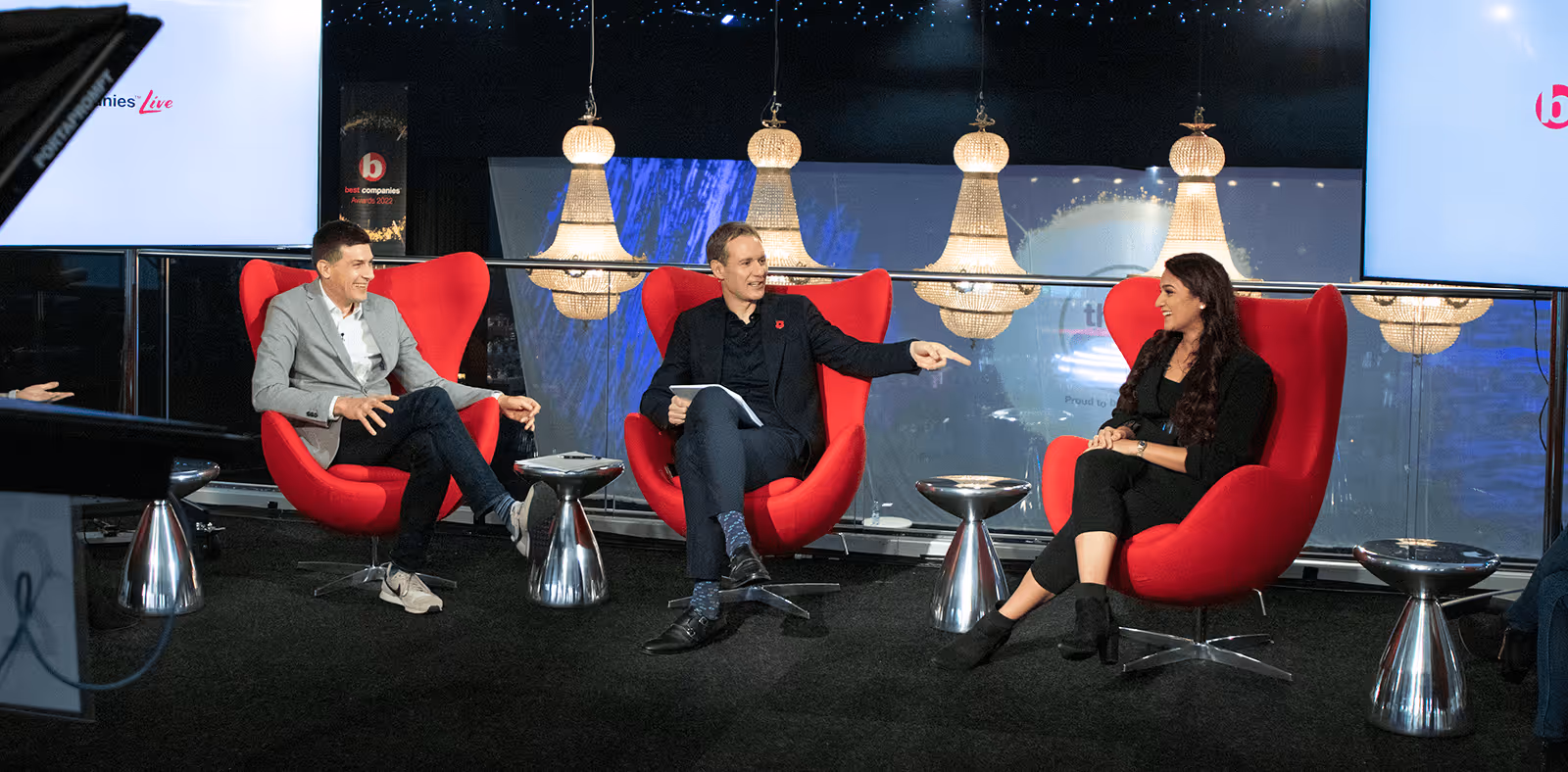 Two guests and presenter Dan Walker on the set of Best Companies Live
