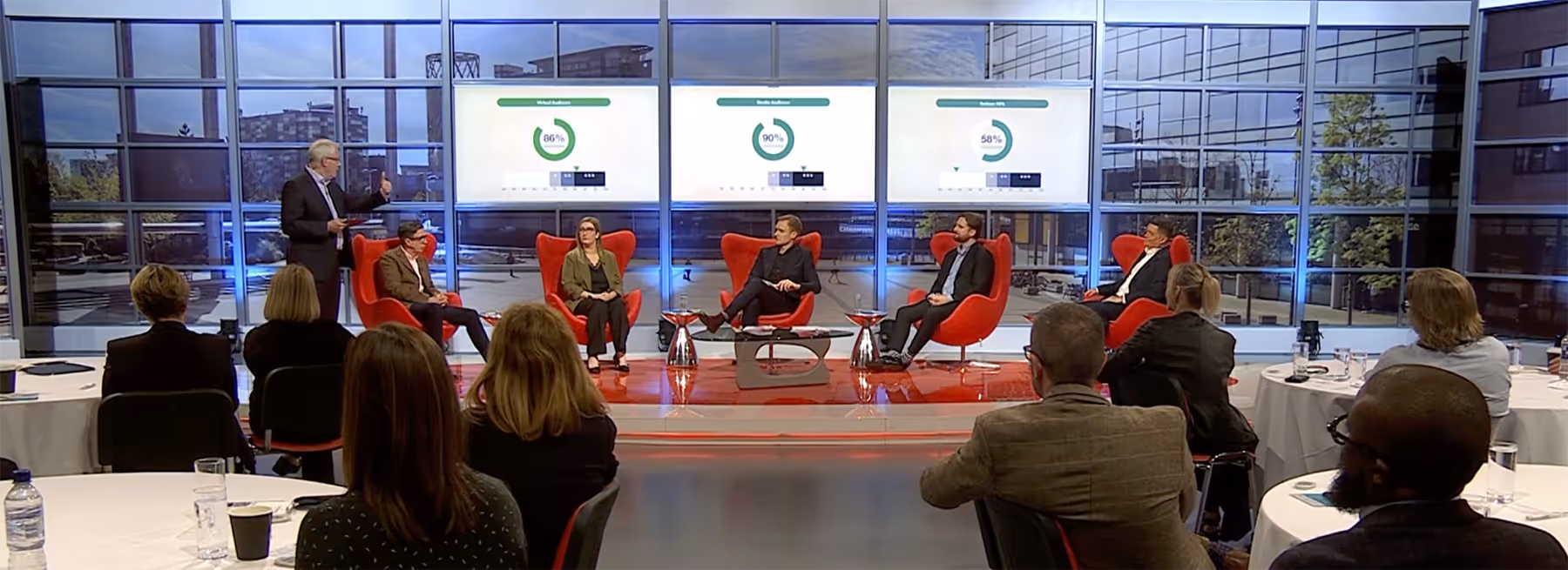 Two guests and presenter Dan Walker on the set of Best Companies Live