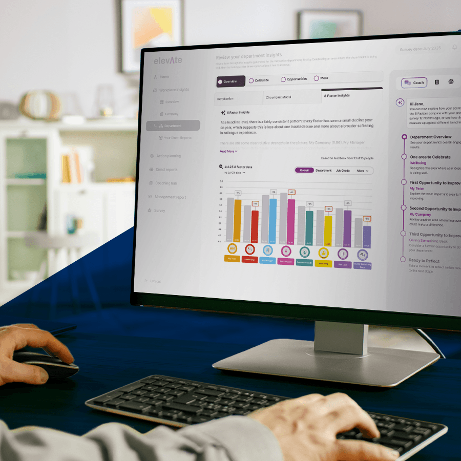 Person using a computer showing workplace insights dashboard with charts and department data analysis.