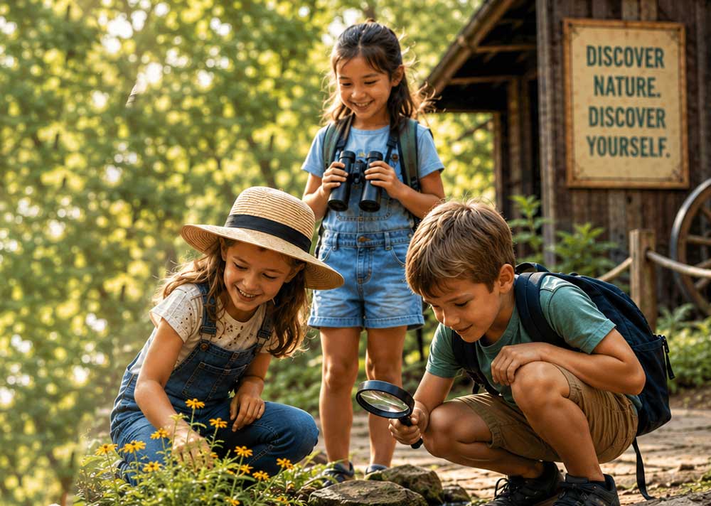 group of three children exploring nature
