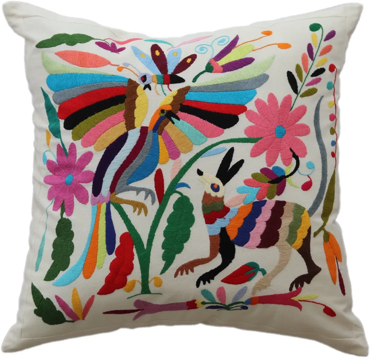 Square cushion cover, hand-embroidered, made in Mexico.