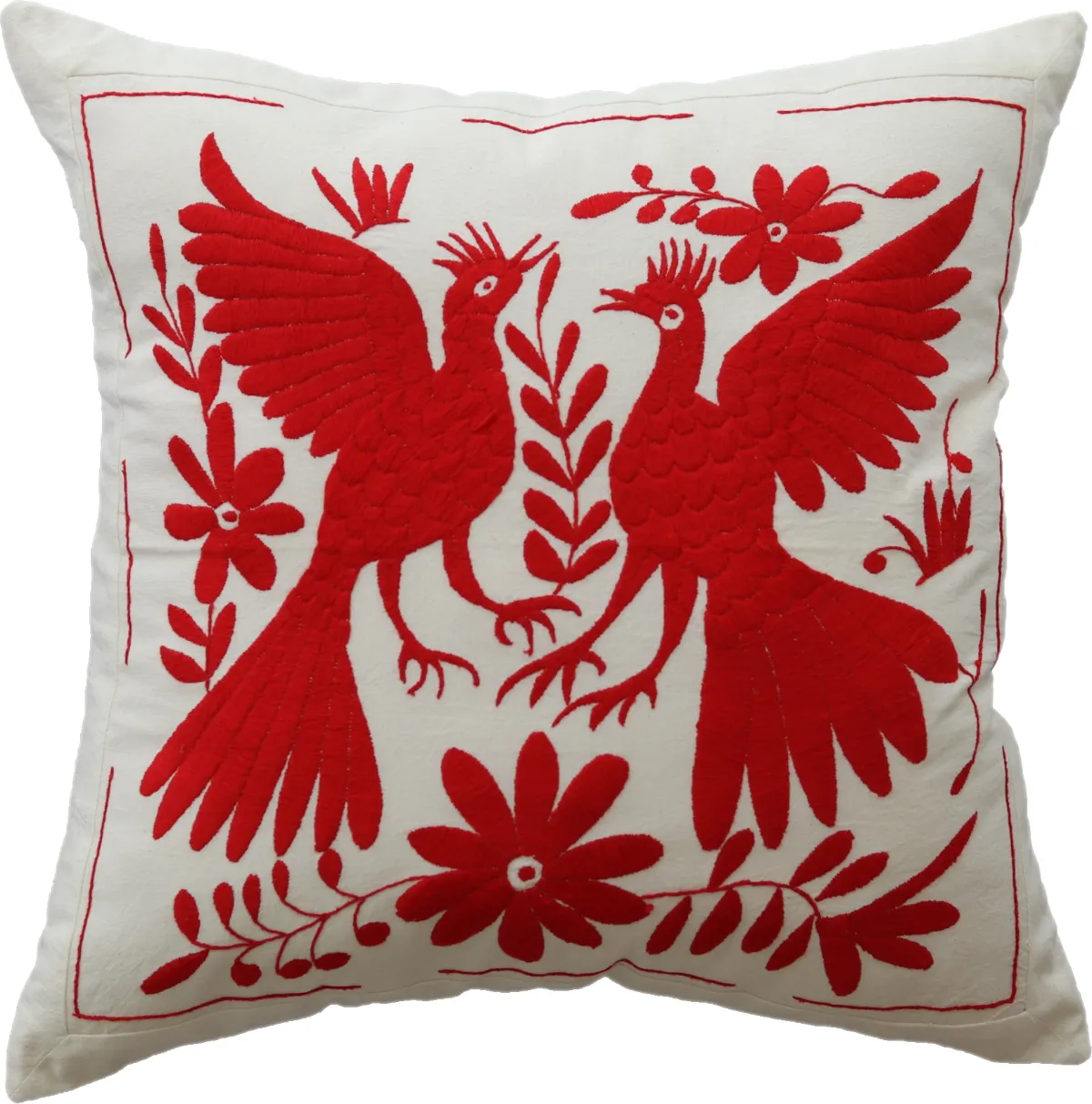 Square cushion cover, hand-embroidered, made in Mexico.