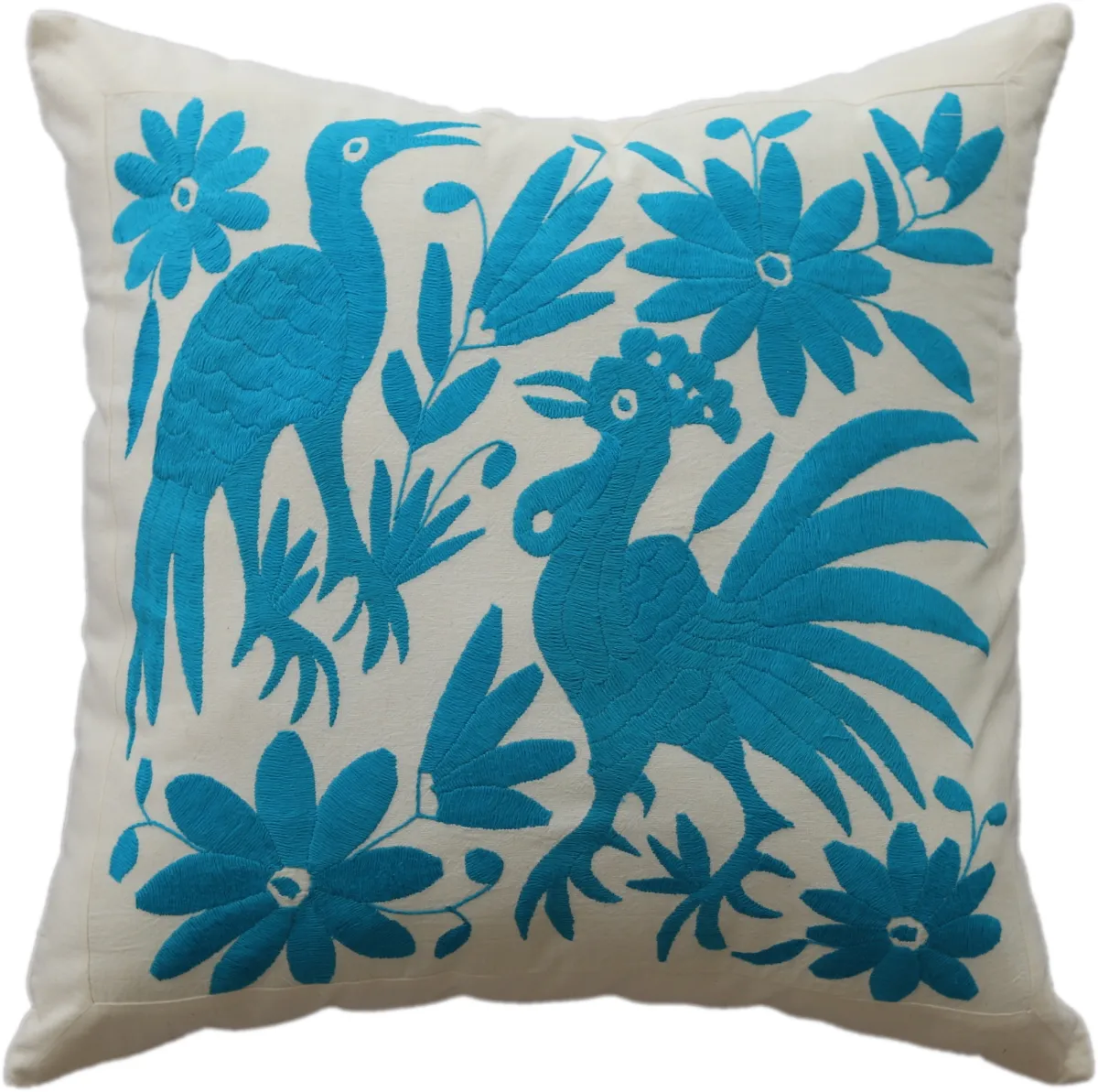 Hand-embroidered square cushion cover, made in Mexico.