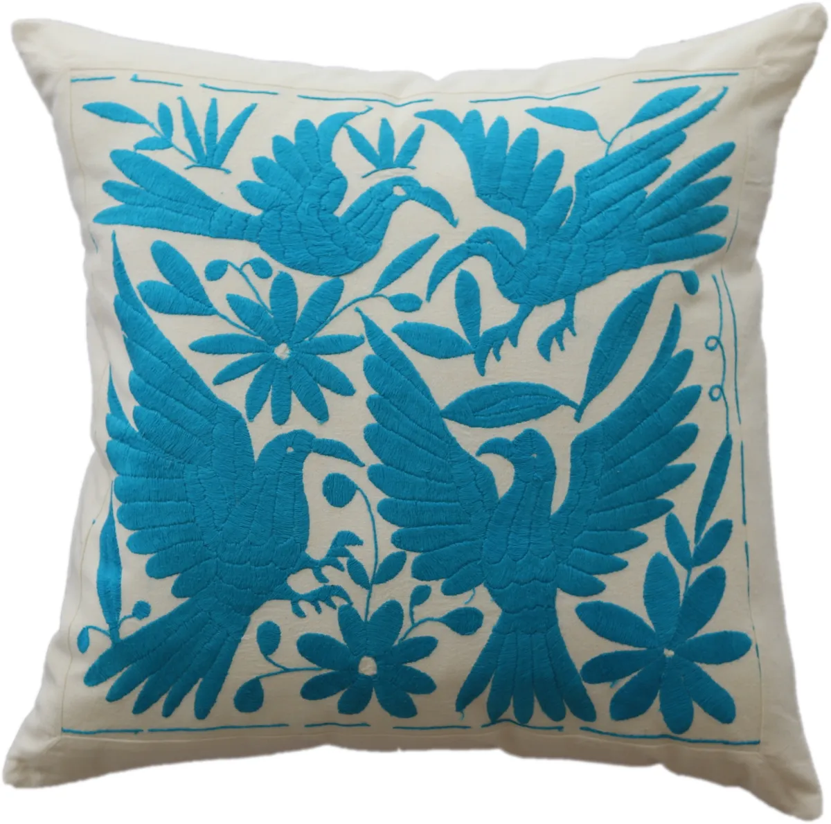 Square cushion cover, hand-embroidered, made in Mexico.