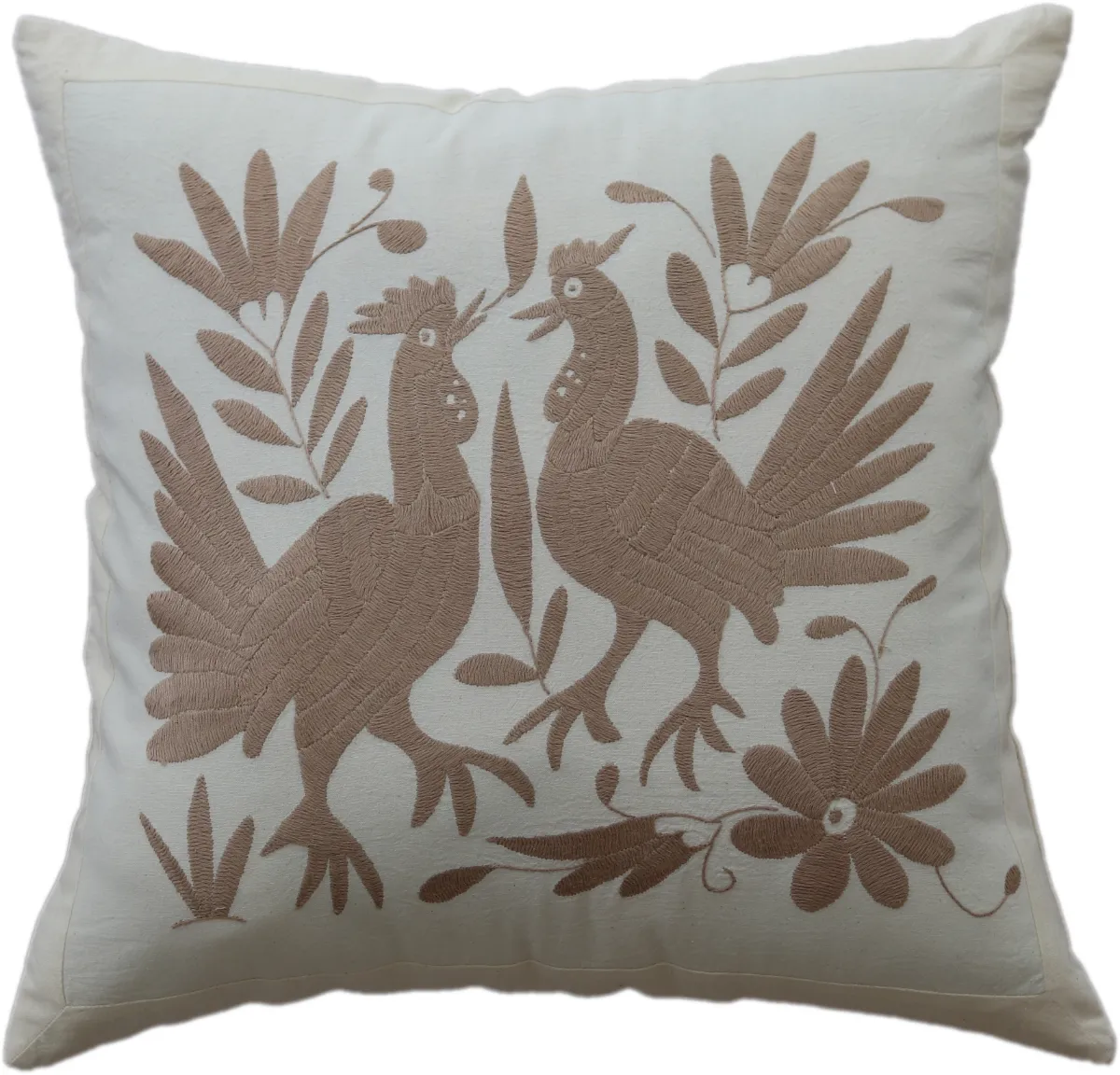 Hand-embroidered square cushion cover, made in Mexico.