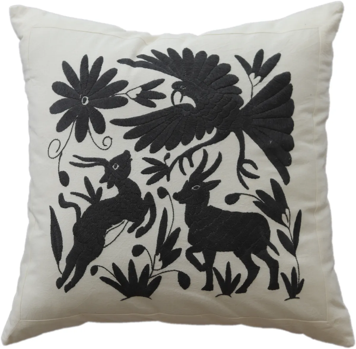Square cushion cover, hand-embroidered, made in Mexico.