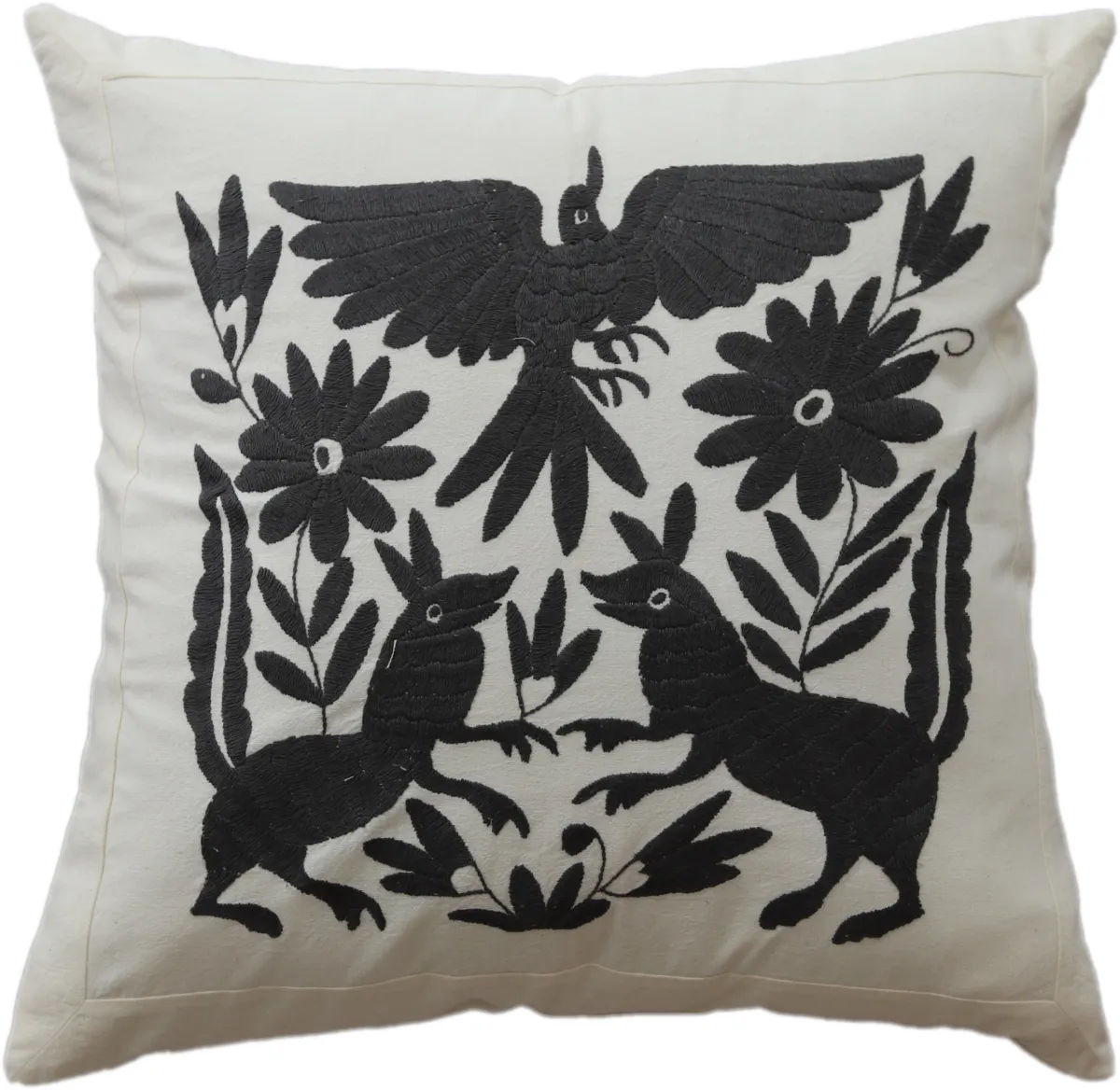 Square cushion cover, hand-embroidered, made in Mexico.