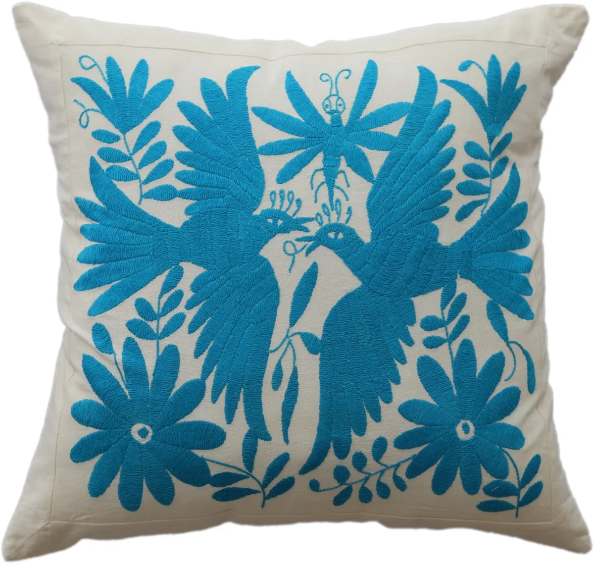 Hand-embroidered square cushion cover, made in Mexico.