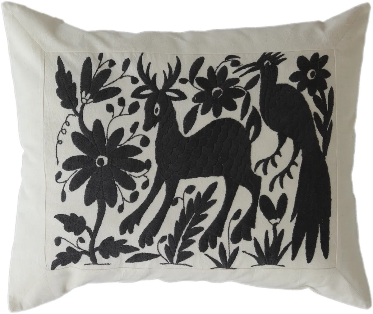 Hand-embroidered rectangular cushion cover, made in Mexico.