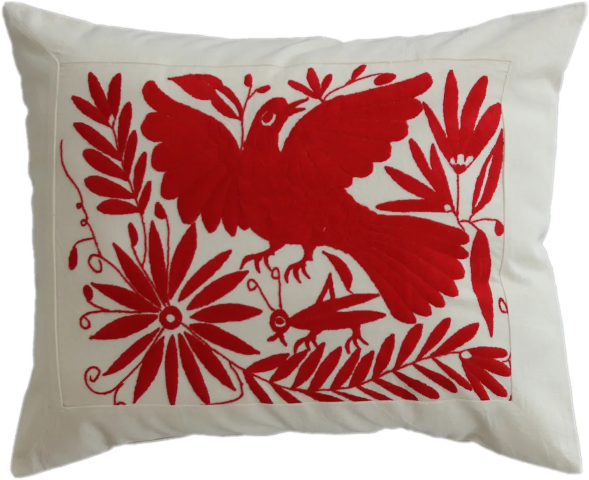 Hand-embroidered rectangular cushion cover, made in Mexico.