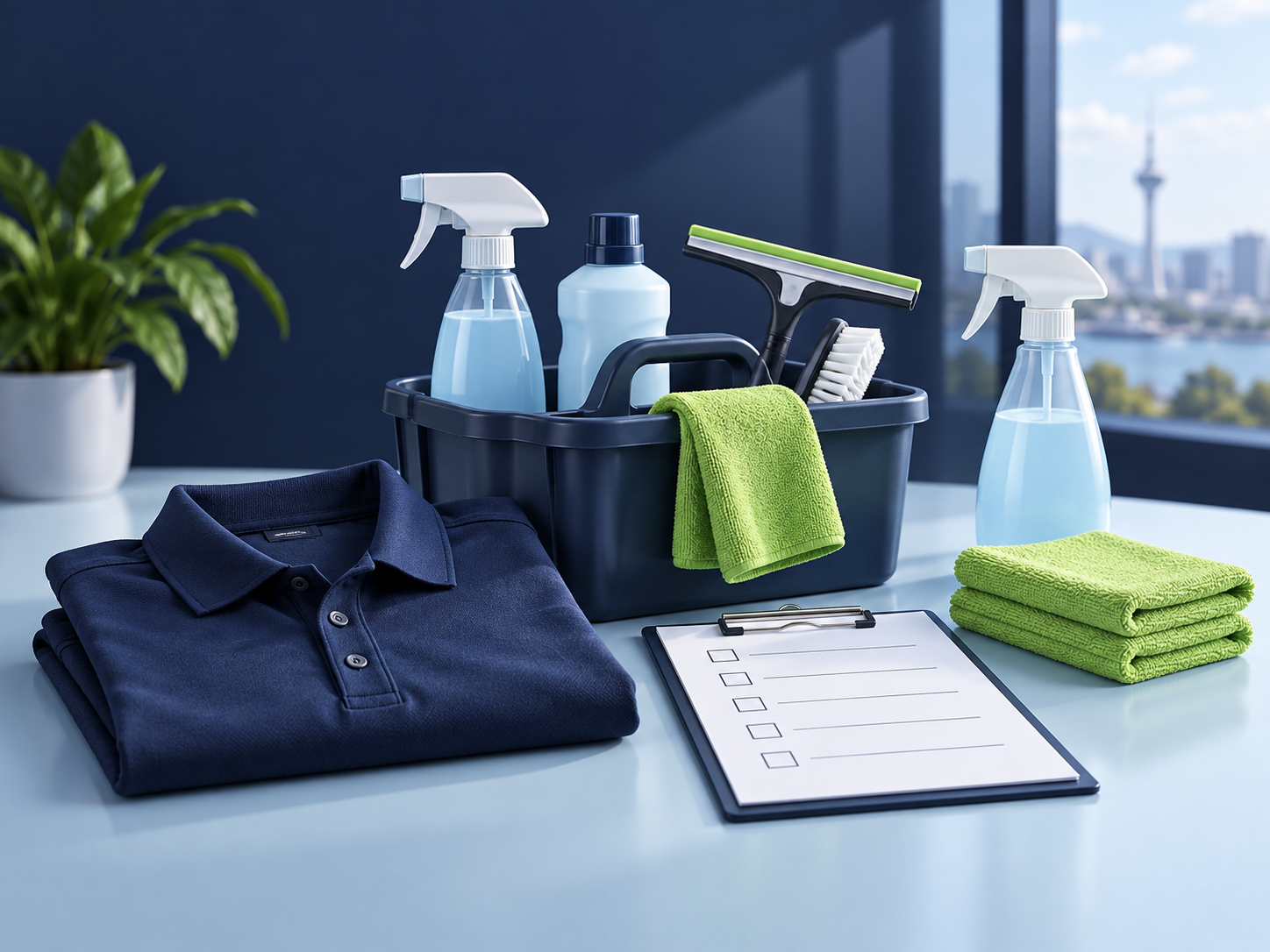 Illustration of cleaning equipment and a work shirt in Waikato Cleaning brand colours