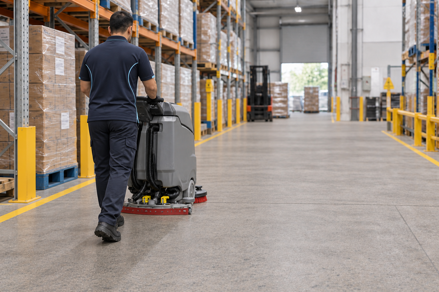 Cleaner operating a walk-behind scrubber-drier along a warehouse aisle edge