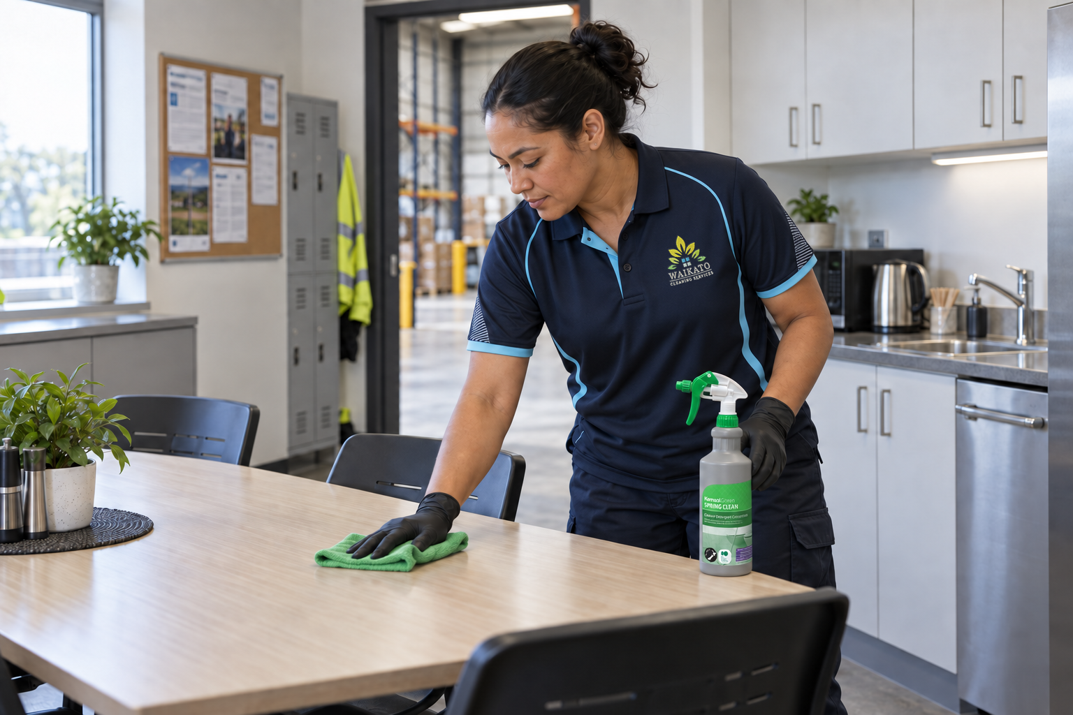 Cleaner wiping a dispatch-office table in a warehouse staff area