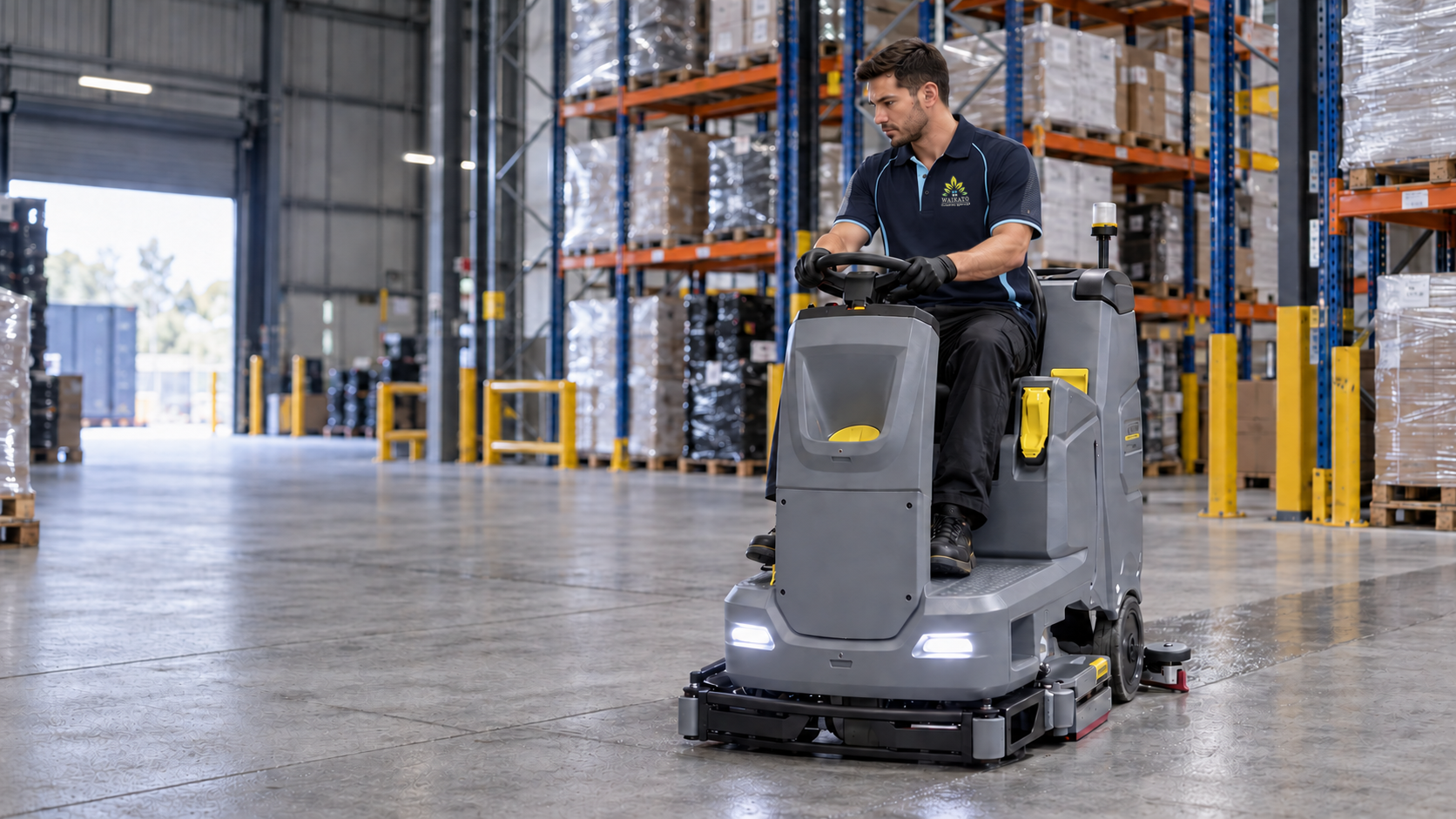 Cleaner operating a ride-on scrubber-drier in a warehouse