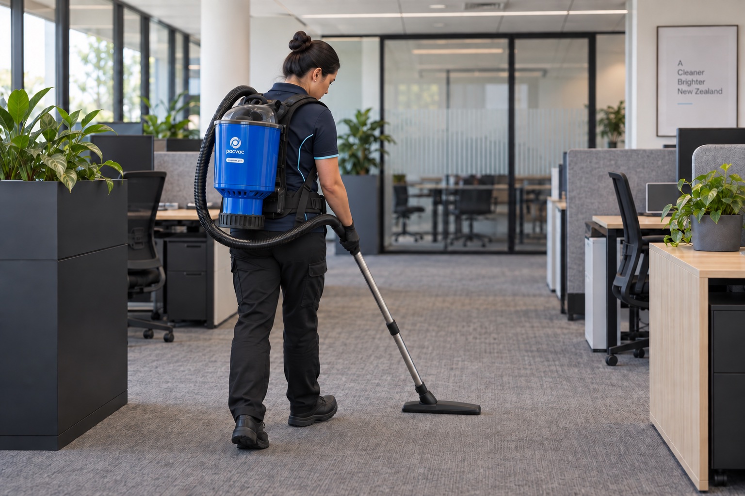 Waikato Cleaning team member vacuuming a commercial workplace