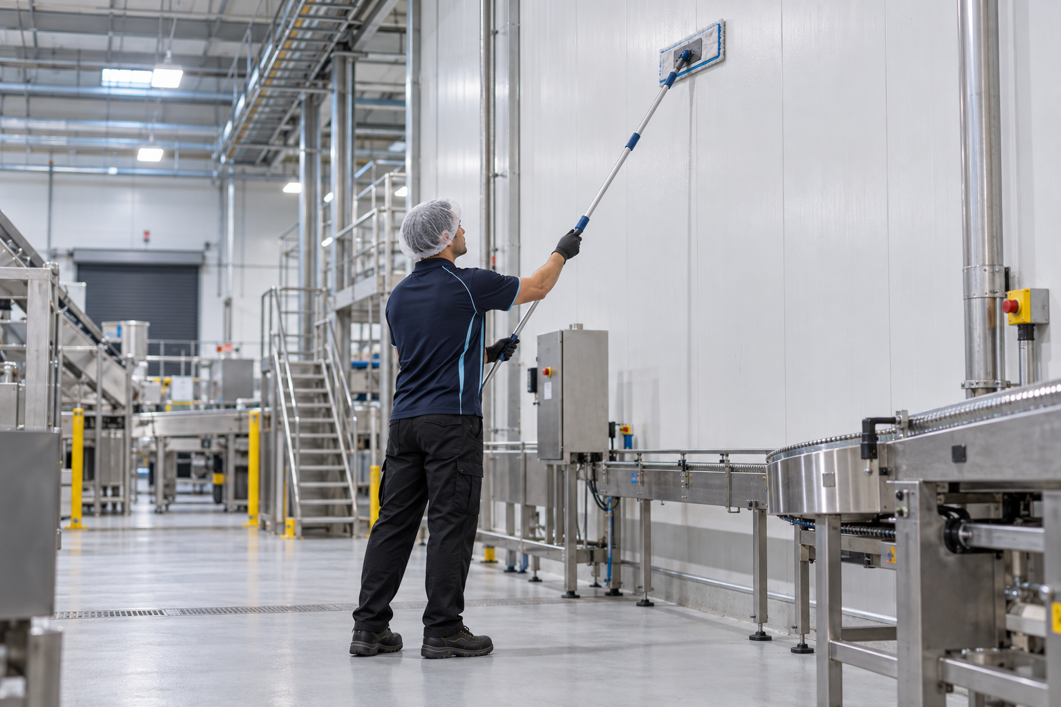 Cleaner using an extension flat mop on a high wall in a food-processing facility
