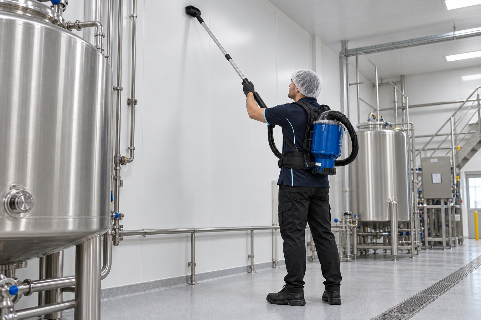 Cleaner vacuuming a high wall in an industrial processing facility