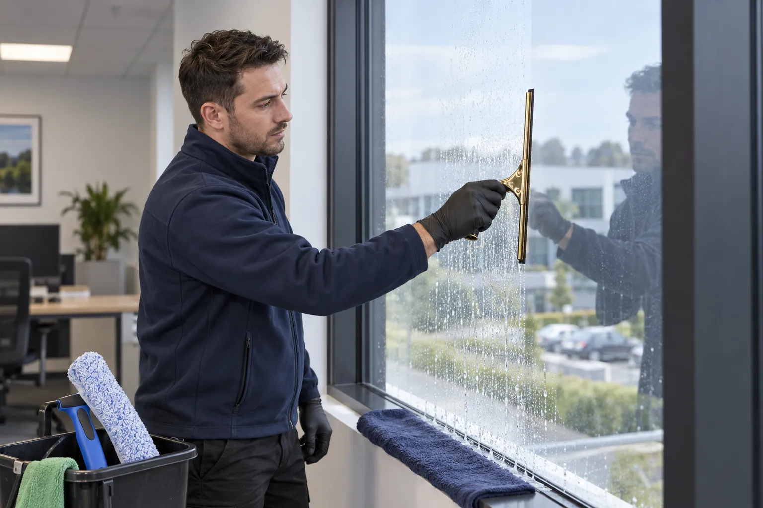 Cleaner detailing interior glass and a window sill in a commercial building
