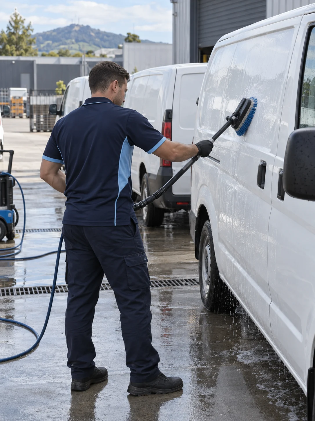 Cleaner washing a row of unbranded fleet vehicles