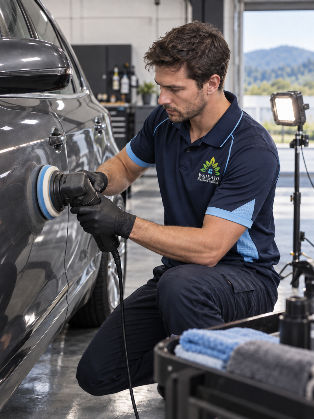 Detailer using a machine polisher on vehicle paint