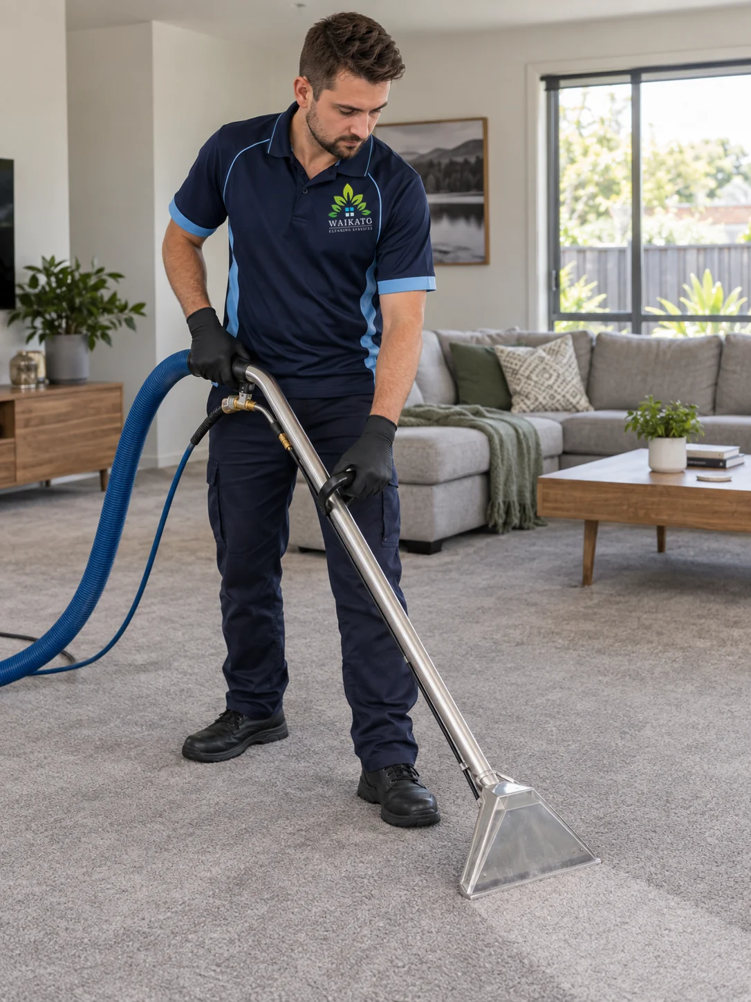 Technician completing residential carpet cleaning in a modern home