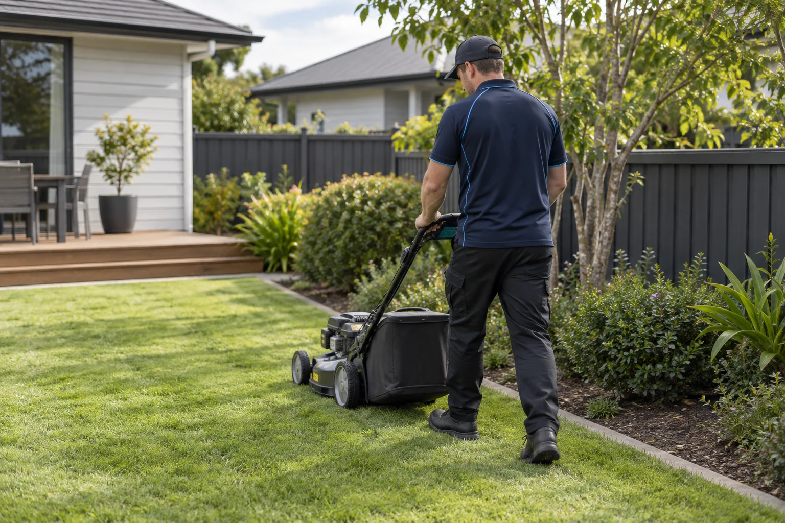 Cleaner mowing a residential lawn with a push mower