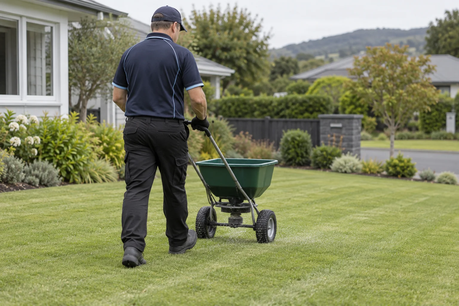 Measured lawn-maintenance product being applied to an agreed area