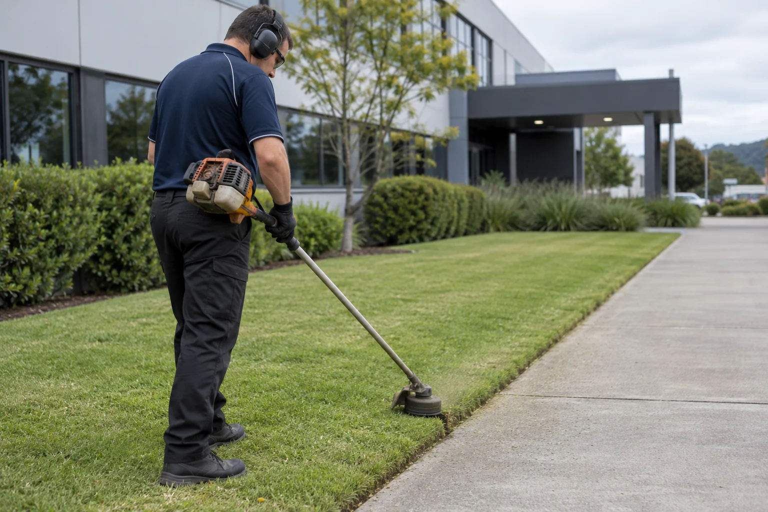 Cleaner trimming lawn edges beside a commercial path